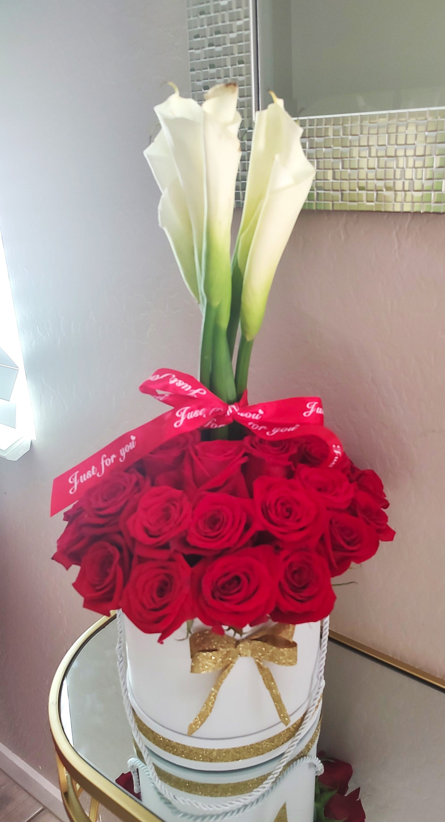 Calla Lily and Red Rose Box Arrangement.